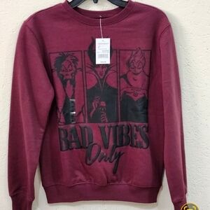 Disney Villains ' BAD VIBES ONLY ' Burgundy Crewneck Long Sleeve Sweater new S